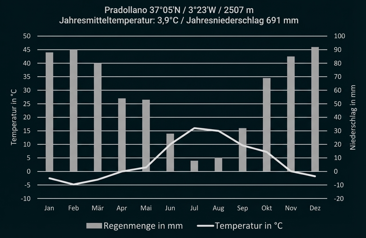 Klimadiagramm Pradollano: Monatswerte für Temperatur (Linie) und Niederschlag (Balken), Jahresmittel 3,9°C, 691 mm